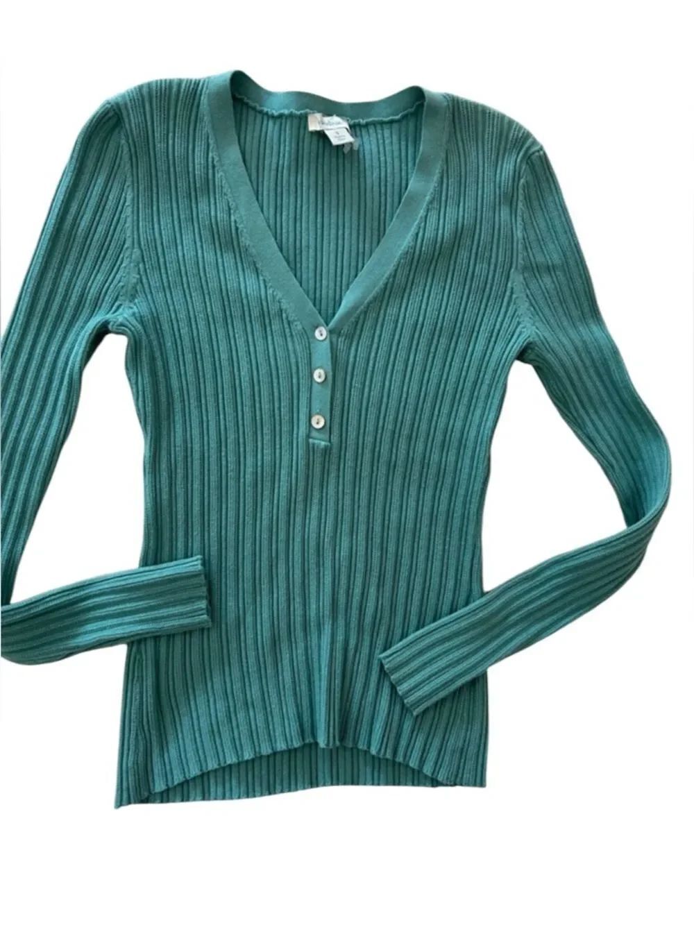 Sundance Teal Ribbed V-Neck Button Sweater size small organic cotton
